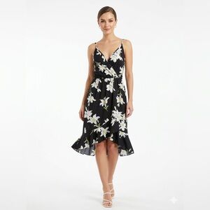 Elegant White Floral Faux Wrap Ruffle Cami Black/White Dress
